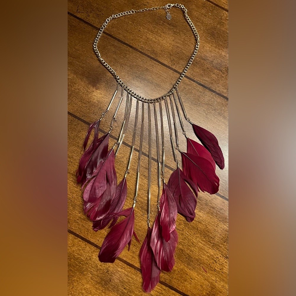 Burgundy Feather Dangle Necklace